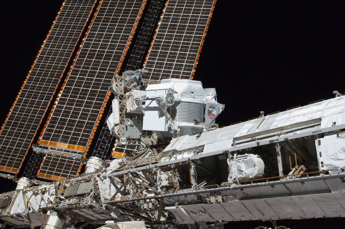 The AMS-02 instrument, shown here attached to the outer hull of the ISS. Credit: NASA